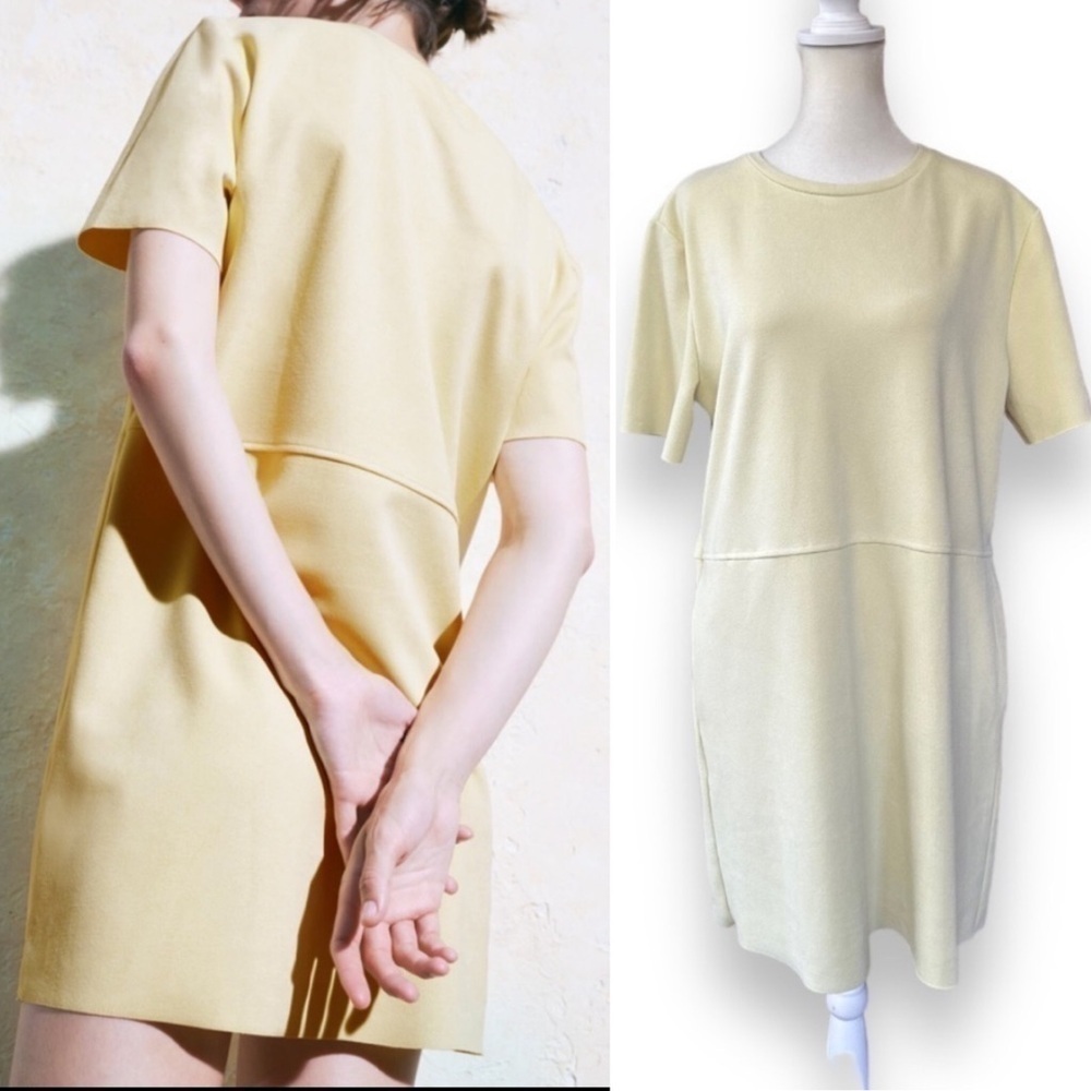 New Zara Light Yellow Faux Suede Short Sleeve Mini Shift Dress | Size Medium